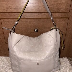 MCM Light Gray Hobo Bag with Olive Accents